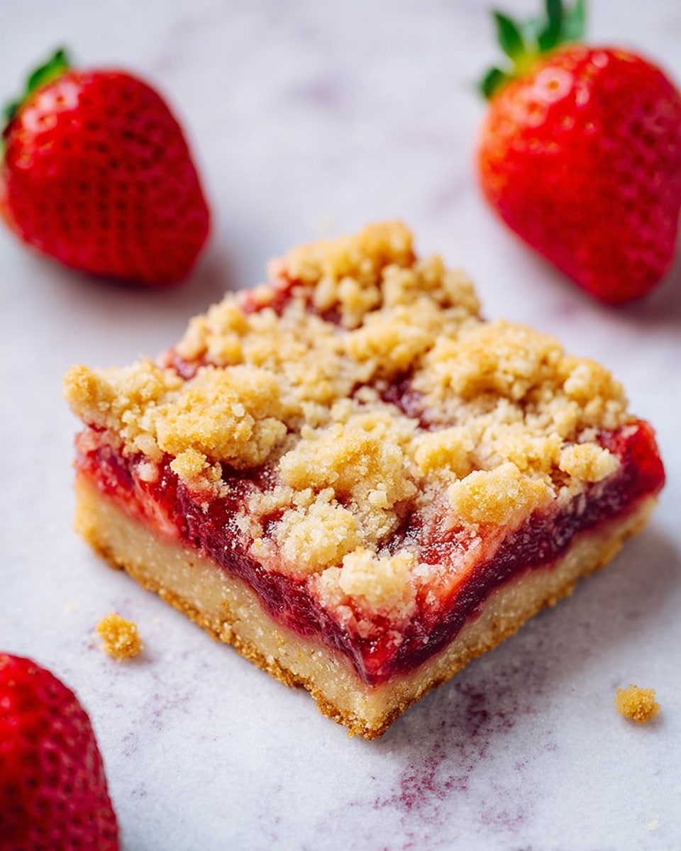 The image shows a single square piece of crumbly strawberry bar on a white marbled surface, with two whole fresh strawberries placed nearby. The bar has three visible layers: a light golden-brown firm base, a bright red and juicy strawberry filling in the middle, and a crumbly topping with uneven clusters of golden crumbs scattered over the red layer, creating a textured look. Small crumbs are scattered around the bar, adding to the sense of a soft, crumbly dessert. Photo taken with an iphone --ar 4:5 --v 7