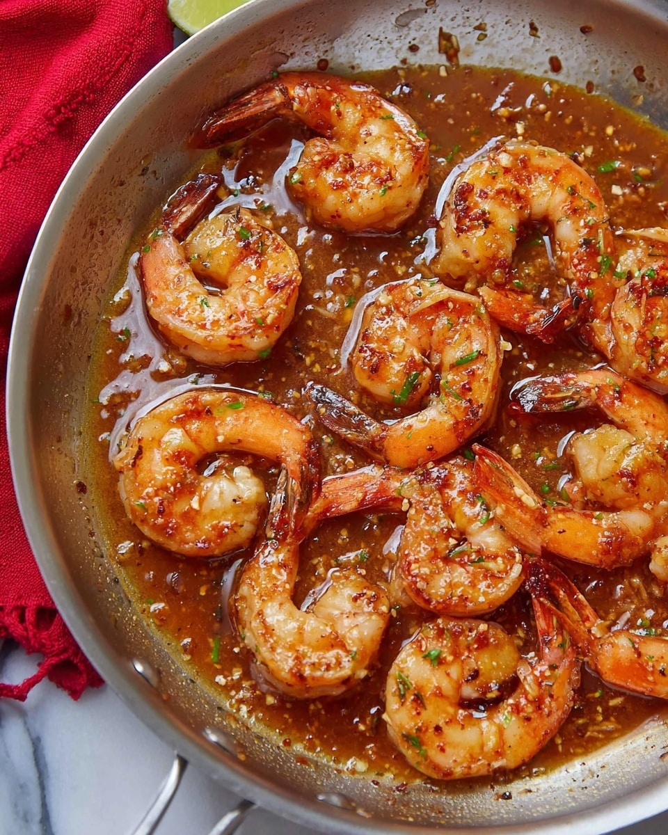 A close-up of a silver pan filled with several pink cooked shrimp in a thick, glossy brown sauce speckled with small bits of seasoning and herbs. The shrimp are arranged in a loose circle and appear juicy and tender, with some tails curled. The sauce pools around the shrimp and shows a slightly oily texture with shimmering highlights. The pan rests on a white marbled surface with a red cloth nearby. Photo taken with an iphone --ar 4:5 --v 7