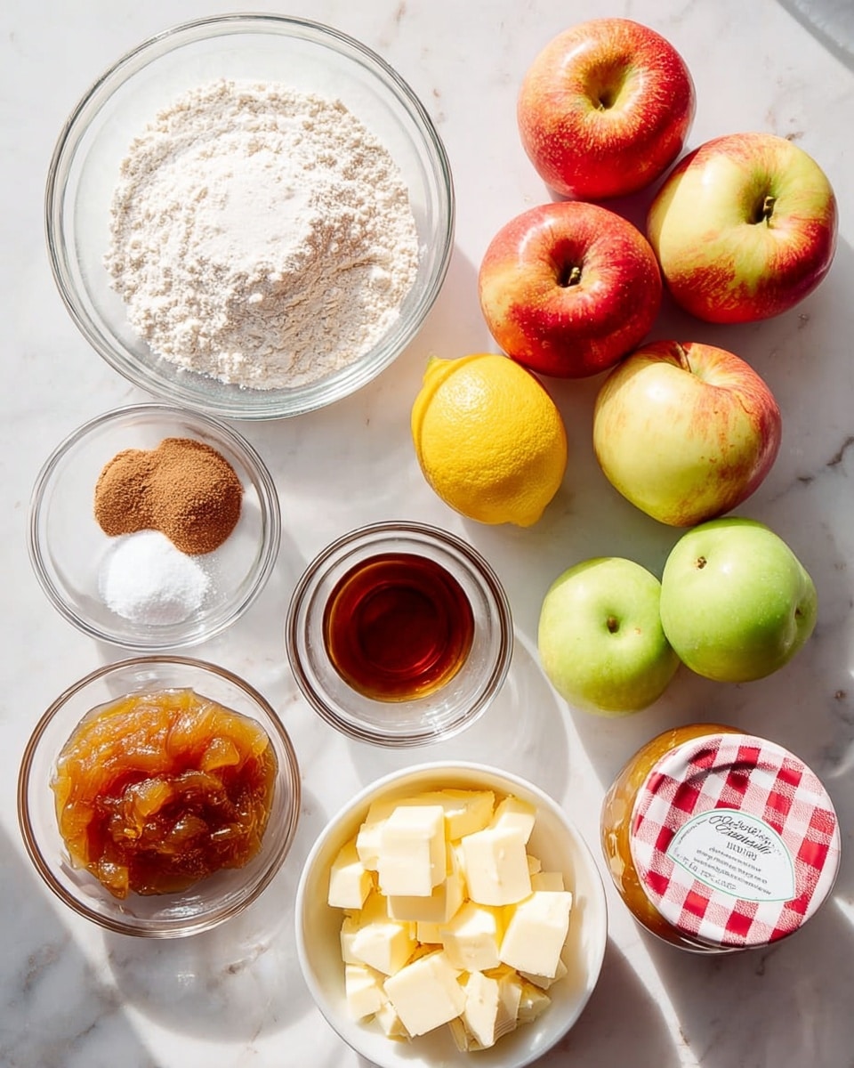 The image shows a white marbled surface with various ingredients neatly arranged for baking. There are six whole apples placed in a loose cluster at the top right, four of them red-yellow and two green, with a single yellow lemon next to them. To the left, there are clear glass bowls holding flour, granulated sugar, brown sugar, melted butter, vanilla extract, and cinnamon powder. A small white bowl contains cubed butter. At the bottom right, a jar of apricot preserve with a red and white checked lid is positioned diagonally. The scene is brightly lit with natural light creating soft shadows, and no woman's hand is visible. photo taken with an iphone --ar 4:5 --v 7