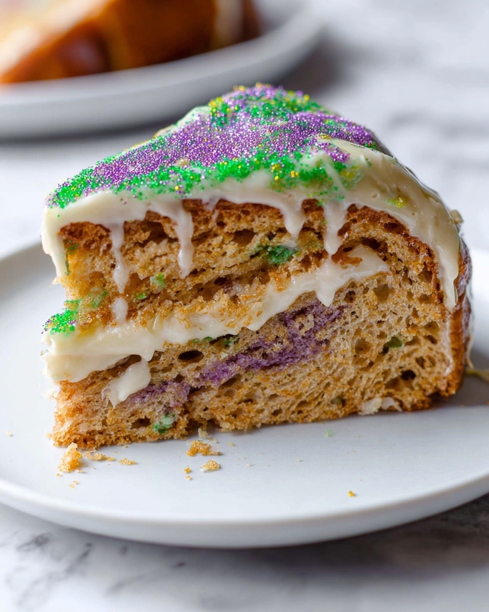 The image shows a slice of layered cake on a white plate placed on a white marbled surface. The cake has three visible layers of light brown, soft, fluffy dough with a slightly coarse texture. On top, the cake is covered with a creamy white glaze that drips off the side, and the glaze is sprinkled with bright purple and green colored sugar crystals, adding texture and vibrant colors to the top layer. The background is blurred with more pieces of the same cake visible on a tray. Photo taken with an iphone --ar 4:5 --v 7