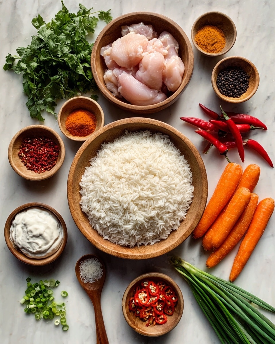 The image shows a collection of ingredients neatly arranged on a white marbled surface. In the center, there is a round wooden bowl filled with white rice. Above it, another wooden bowl contains smooth, pale pink pieces of raw chicken. Surrounding these main bowls are smaller wooden bowls with various spices, including red chili flakes, orange powder, and black peppercorns. Fresh vegetables are also present: a bunch of bright green herbs, several vibrant red chili peppers, whole carrots with an orange hue, and some small white onions. A dollop of white yogurt or cream is placed on a wooden spoon near the bottom left, next to green sliced herbs. The layers create a balanced and colorful arrangement emphasizing natural textures and freshness. photo taken with an iphone --ar 4:5 --v 7