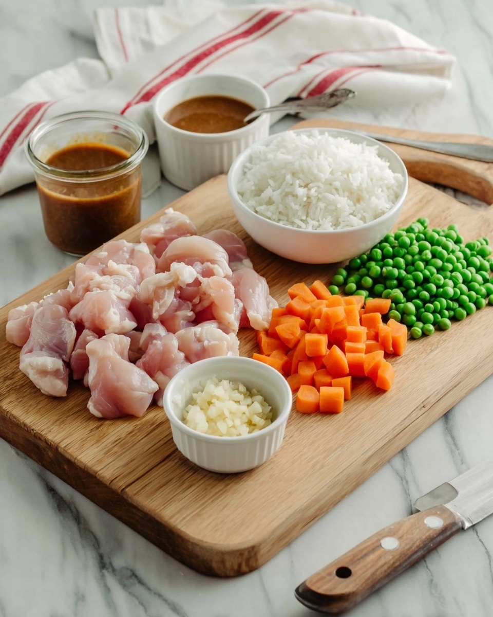 A wooden chopping board on a white marbled surface holds several ingredients arranged neatly: pieces of light pink raw chicken in the center-left, bright orange diced carrots behind the chicken, a pile of fresh green peas to the right of the chicken, and a small white bowl filled with white rice towards the top-right corner of the board. In the front-left corner of the board, there is a small glass bowl with a dark brown sauce, and next to it, a small white bowl filled with minced garlic. Behind everything, there is a white round bowl filled with a thick dark brown sauce with whole peanuts and a spoon inside it. At the back, some green scallions and a knife rest beside a folded white cloth with red and yellow stripes. The scene is lit softly, and the photo taken with an iphone --ar 4:5 --v 7