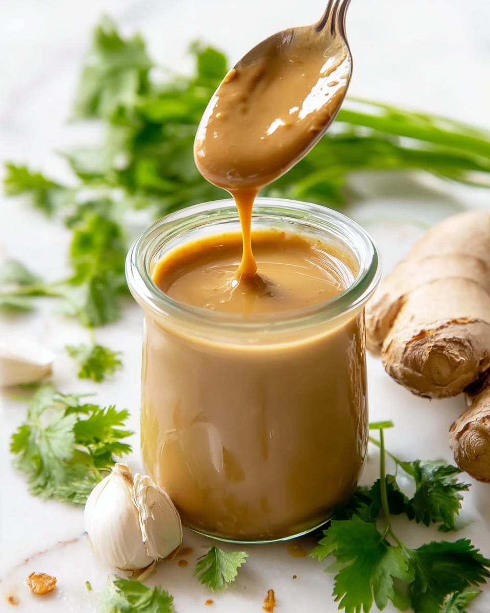 A clear glass jar filled with smooth, light brown peanut sauce with a slightly shiny texture, and a spoon lifting some sauce that drips slightly back into the jar. The jar is set on a white marbled surface scattered with fresh, green cilantro leaves, a piece of rough light brown ginger root, and a white garlic bulb, all arranged loosely around the jar. The background is bright white with soft natural light highlighting the creamy sauce texture and the fresh green herbs photo taken with an iphone --ar 4:5 --v 7