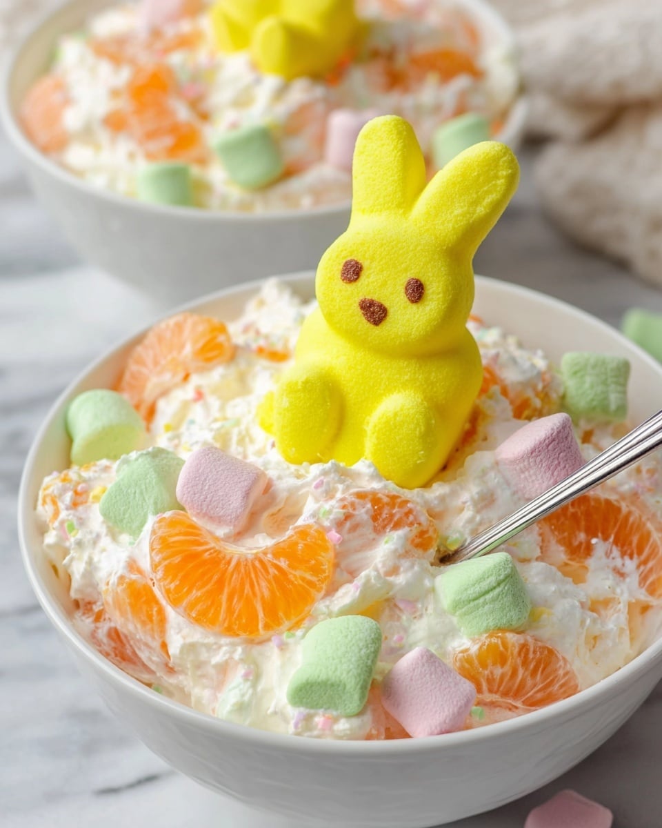 A white bowl filled with a creamy fruit salad that has visible pieces of orange mandarin slices, pastel-colored marshmallows in green and pink, and white whipped marshmallow cream mixed together. Sitting on top of the fruit salad is a bright yellow marshmallow shaped like a bunny with small brown eyes. A silver spoon is placed inside the bowl on the right side. Another bowl of the same fruit salad is visible in the background on a white marbled surface. Photo taken with an iphone --ar 4:5 --v 7