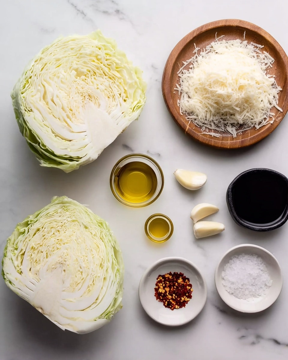 The image shows a white marbled surface with several cooking ingredients neatly arranged. On the left, there is a large half head of cabbage showing its pale green and white layers. Below it, there are four peeled garlic cloves scattered. Above them are three small glass containers holding a clear liquid, golden olive oil, and a dark soy sauce, arranged left to right. To the right, a small white plate with red chili flakes sits next to a small black bowl filled with salt. On the top right, a round wooden plate holds a pile of grated white cheese. photo taken with an iphone --ar 4:5 --v 7
