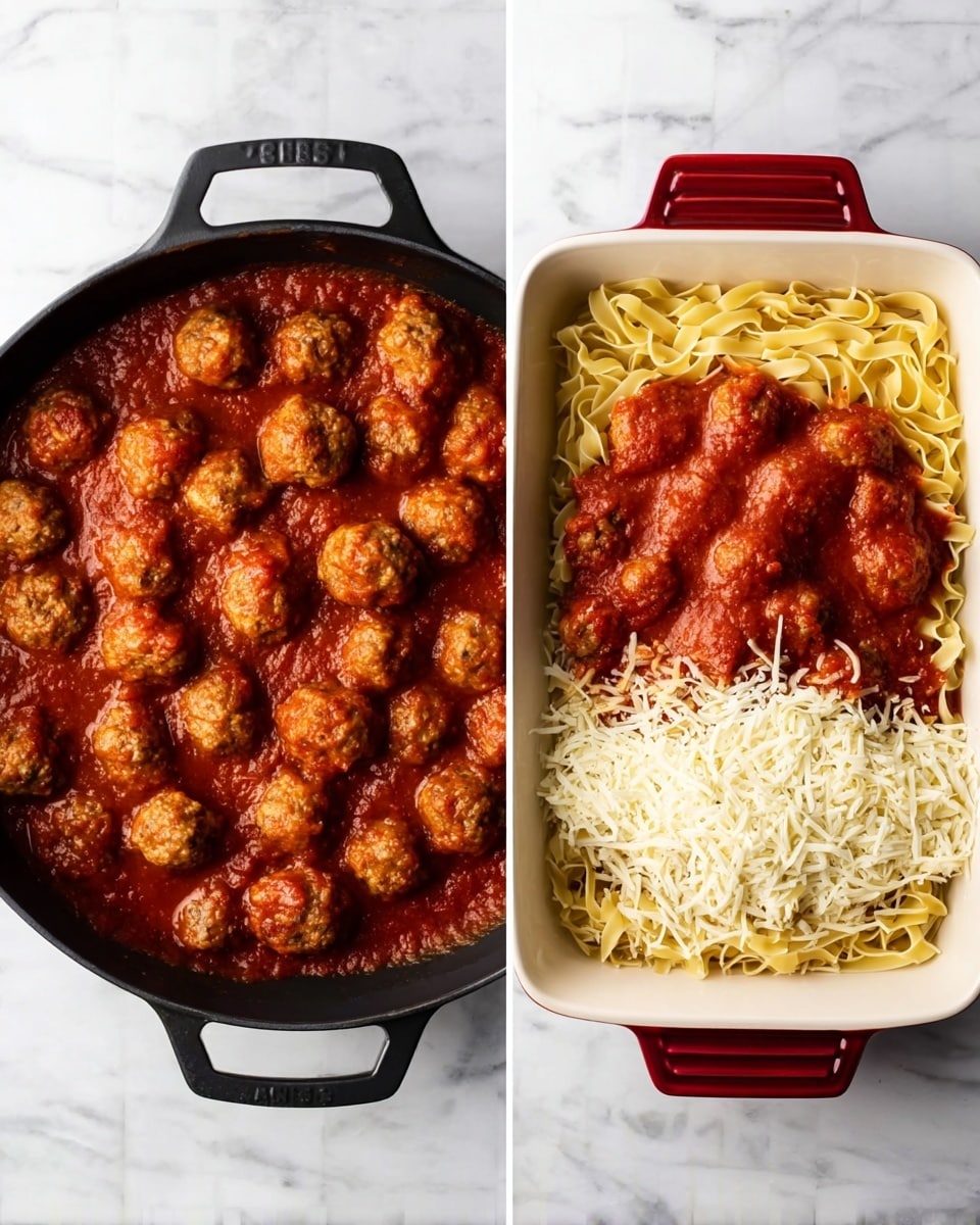 The image shows two views of a meal preparation on a white marbled surface. On the left, a black skillet filled with small round meatballs covered in a thick, deep red tomato sauce fills the pan evenly. On the right, a white rectangular baking dish with red handles contains a base layer of light yellow egg noodles spread flat, topped on one side with a pile of the same meatballs in red sauce, and on the other side with a mound of shredded white cheese. Photo taken with an iphone --ar 4:5 --v 7
