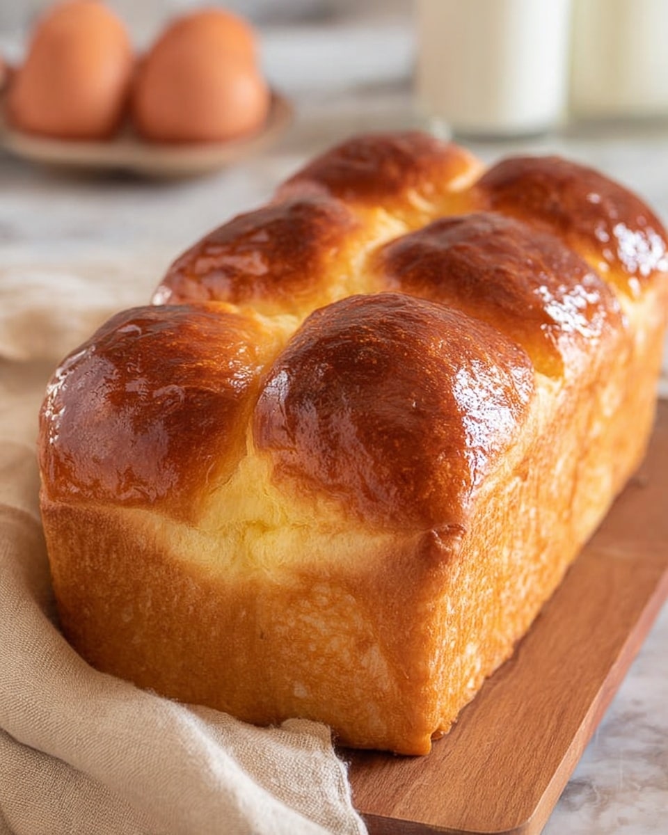 A soft, golden brown loaf of bread with six rounded, puffy sections on top, each showing a shiny, slightly darker crust from baking. The loaf sits on a wooden board with a part of a beige cloth visible on the side and a blurred background featuring eggs in a white marbled texture environment. The bread’s texture looks light and fluffy with a smooth surface on the lower part and a slightly glossy finish on the top. photo taken with an iphone --ar 4:5 --v 7
