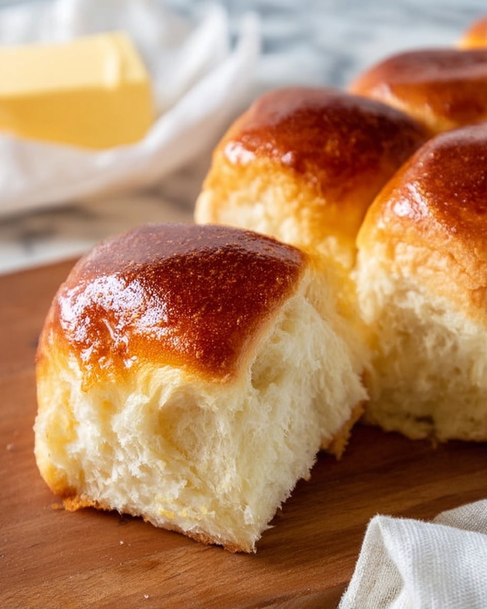 A close-up of a soft, golden brown bread roll with a shiny, slightly glossy top layer, showing its fluffy and light texture inside where it has been pulled apart from the rest of the loaf, which consists of several connected rolls with a similar golden crust. The bread sits on a wooden surface next to a white cloth and a partially visible white wrapper holding a block of butter. The background features a white marbled texture. Photo taken with an iphone --ar 4:5 --v 7