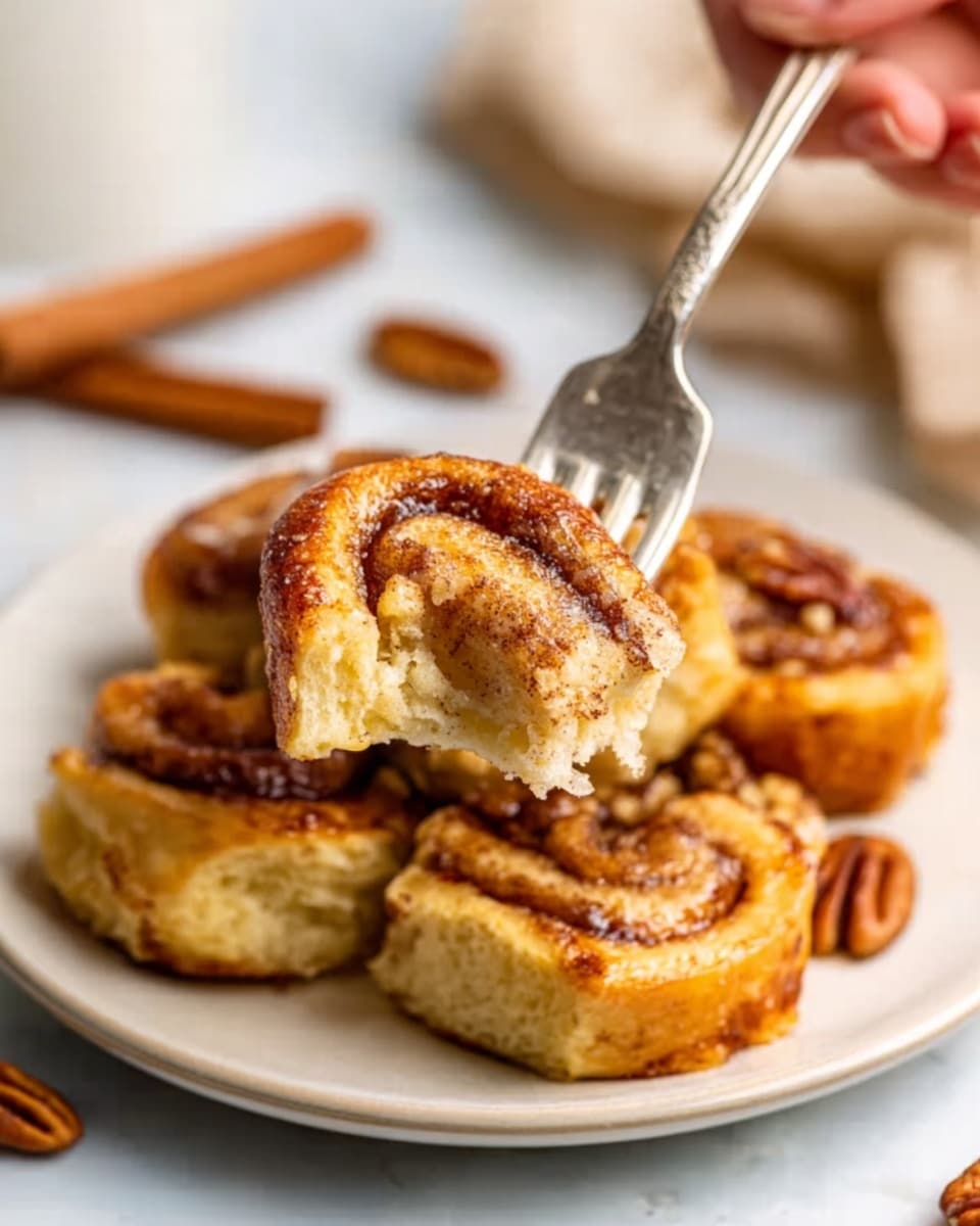 The image shows a close-up of a white plate filled with several pieces of golden-brown cinnamon rolls stacked unevenly. One cinnamon roll piece is pierced on a silver fork held by a woman's hand, highlighting its soft, swirled layers with a slightly shiny, caramelized surface. The rolls have a toasted outer crust and visible darker cinnamon streaks inside. The background is a white marbled texture, with blurred hints of cinnamon sticks and pecans partly visible. photo taken with an iphone --ar 4:5 --v 7