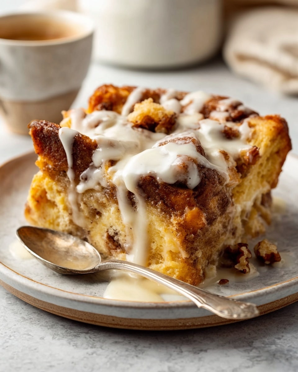 A close-up of a white plate with a thick slice of bread pudding that has a golden-brown crust and soft inside, topped with white creamy sauce drizzled evenly over the top and small chunks of nutty brown pieces scattered throughout the pudding. A silver spoon rests on the plate near the slice, and the background is a white marbled texture with blurred elements, suggesting a cozy kitchen setting. Photo taken with an iphone --ar 4:5 --v 7