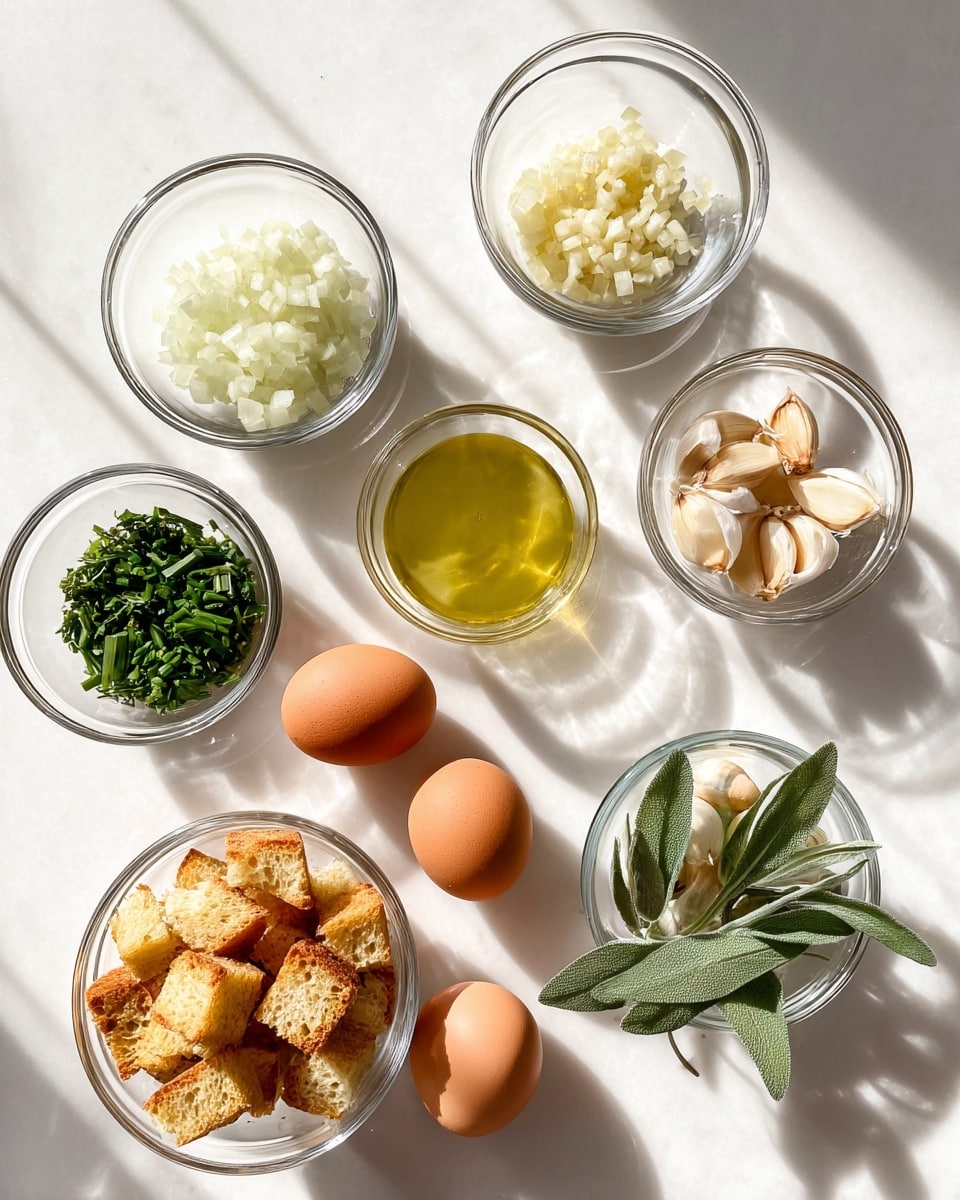 The image shows seven small clear glass bowls and three brown eggs arranged on a white marbled surface. Starting from the top left and going clockwise, there is a bowl with finely diced white onions, a bowl with small minced pieces of garlic, a bowl with whole peeled garlic cloves, a bowl with pale yellow liquid, likely oil or broth, a bowl with chopped fresh green herbs, a bowl filled with golden toasted bread cubes, and a bowl with a light green oil garnished with two fresh sage leaves. The three brown eggs are placed in a loose triangular shape in the center of the arrangement. The lighting is bright and natural, casting soft shadows. photo taken with an iphone --ar 4:5 --v 7