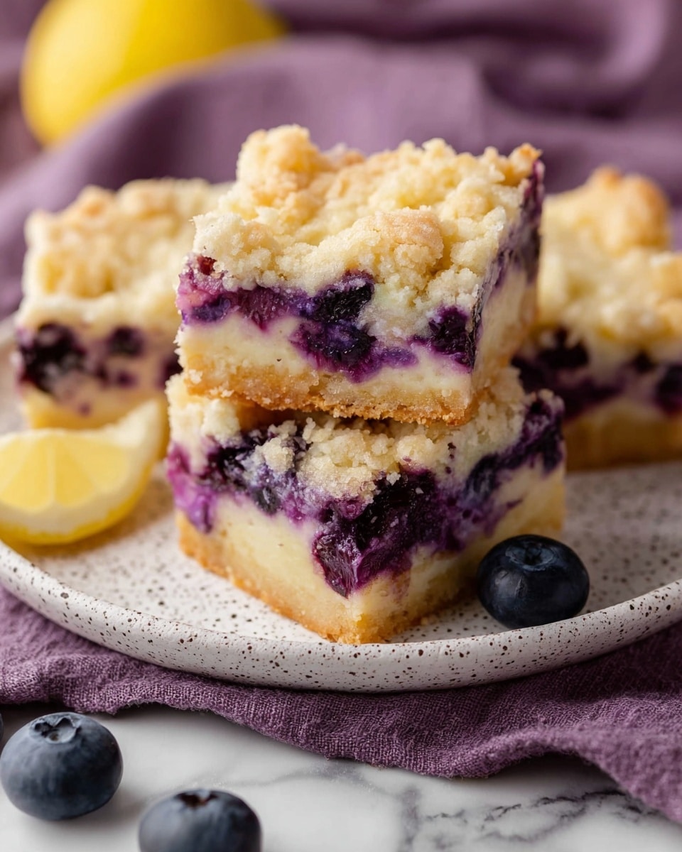 Two square pieces of berry dessert are stacked on top of each other on a white plate with brown edges. Each piece has three layers: the bottom layer is a thick, light golden crust; the middle layer is creamy and light with visible dark purple berries embedded within; the top layer is a golden crumbly crust that looks soft and slightly textured. Two dark blueberries sit next to the plate. The background shows a bowl of blueberries and a whole yellow lemon on a white marbled surface. photo taken with an iphone --ar 4:5 --v 7