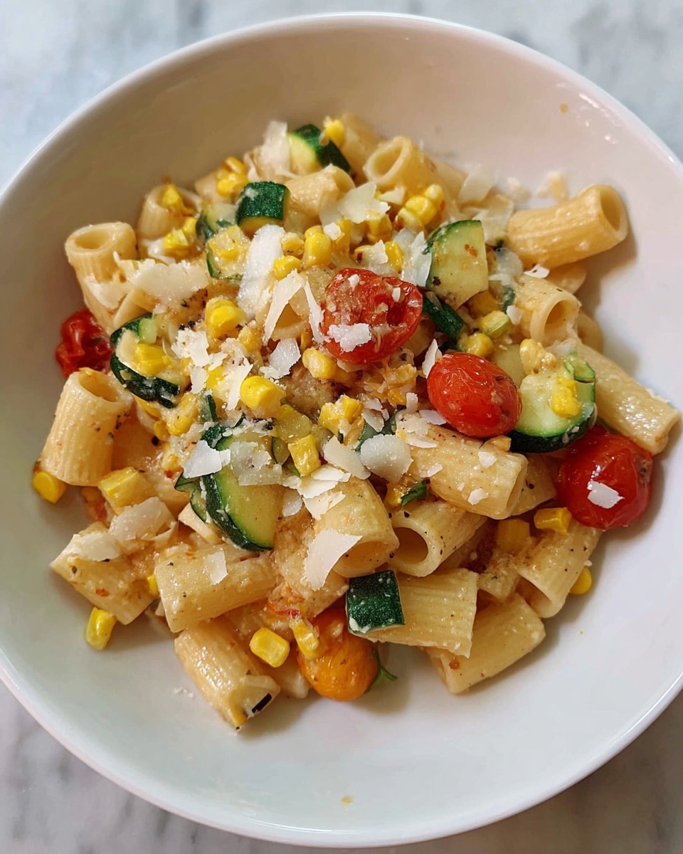 The image shows a white bowl filled with a pasta dish made of short tube-shaped pasta in a light sauce. The pasta is mixed with small pieces of yellow corn, green zucchini slices, and red cherry tomato pieces. On top, there are thin white cheese flakes scattered all over. The bowl is set on a white marbled surface. photo taken with an iphone --ar 4:5 --v 7