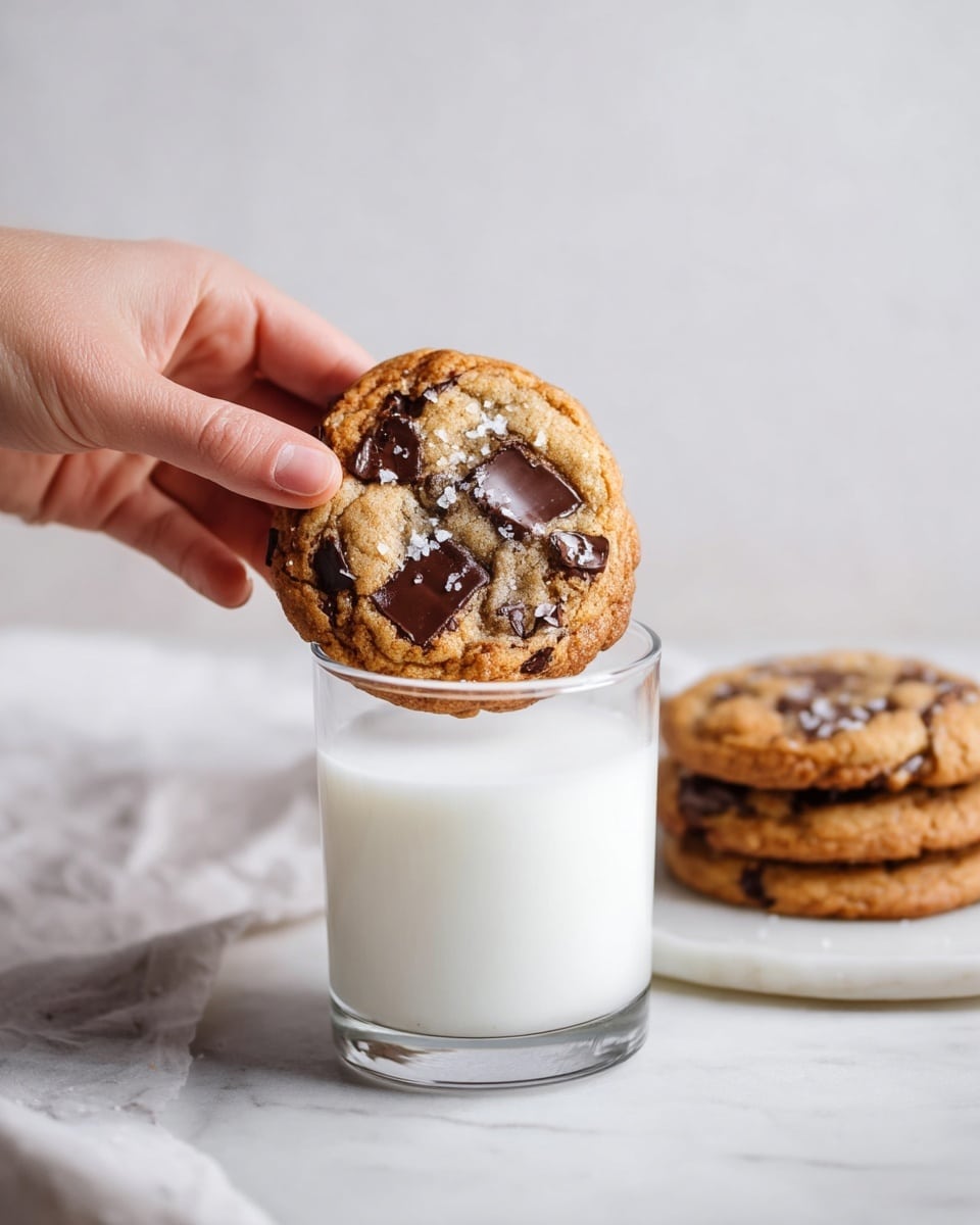 A close-up photo shows a woman's hand holding a golden brown chocolate chip cookie with large dark chocolate pieces and a sprinkle of white salt on top, just above a clear glass filled with white milk. Behind the glass, two more cookies lie flat on a white marbled surface, adding depth. The background is soft and light, with gentle shadows giving the scene a cozy, fresh feel. photo taken with an iphone --ar 4:5 --v 7