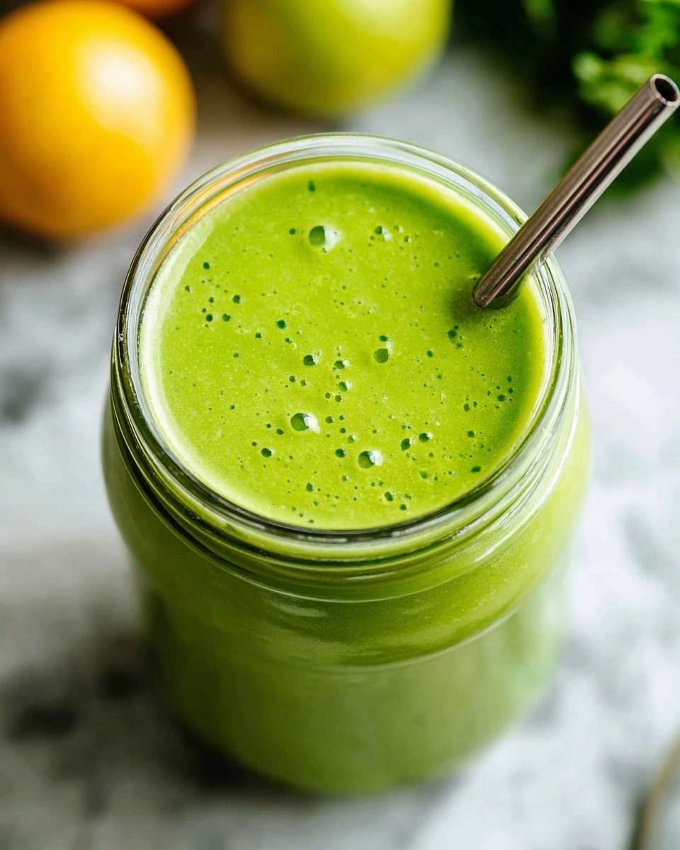 The image shows a clear glass jar filled with a bright green smoothie that has a smooth texture with small bubbles on top. A metallic spoon is placed inside the jar, partly submerged in the smoothie. The jar is on a white marbled surface, with blurred yellow and orange fruits in the background, and some green leafy vegetables partially visible around the edges. Photo taken with an iphone --ar 4:5 --v 7
