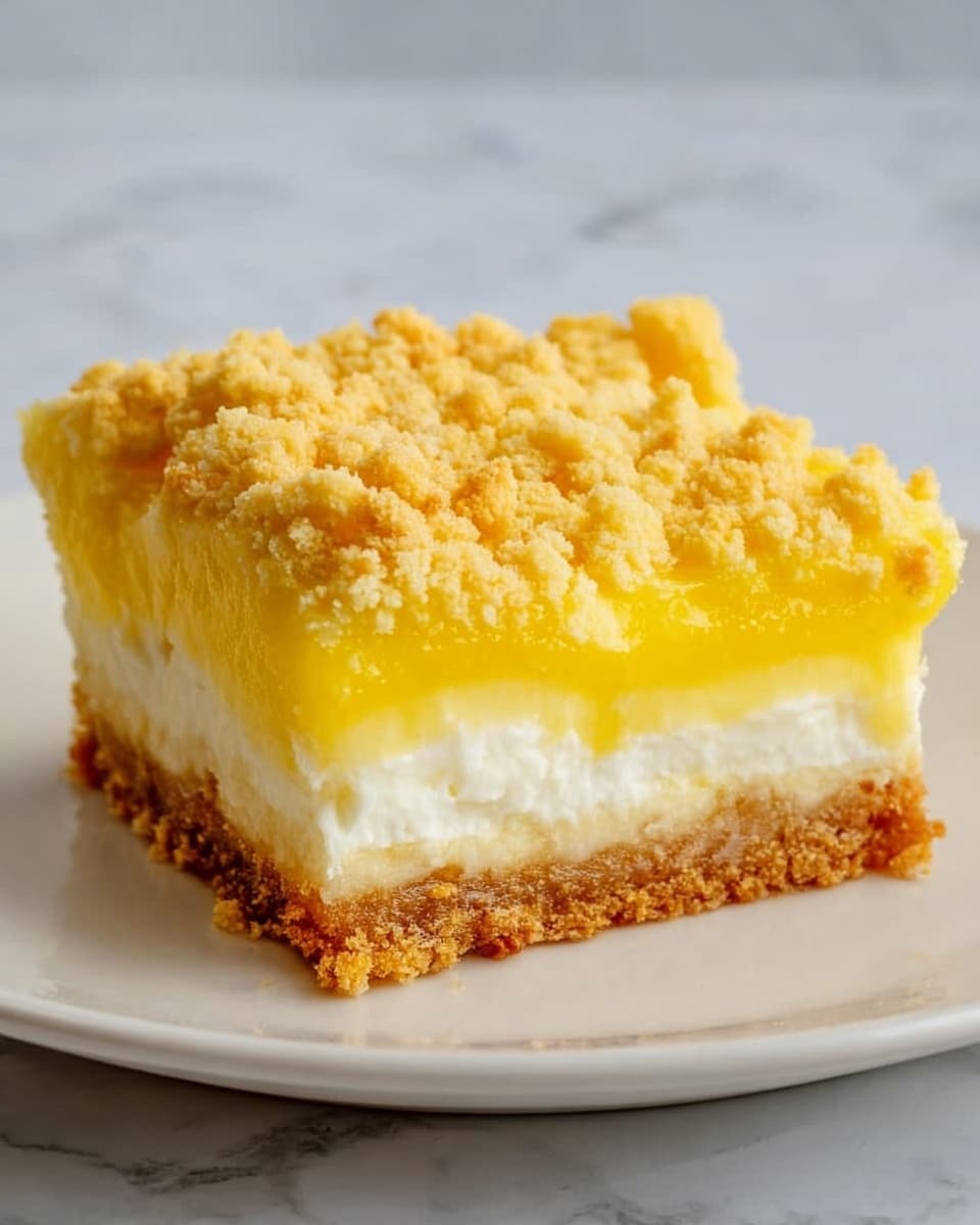 A square piece of dessert with three layers sits on a white plate over a white marbled surface. The bottom layer is a firm, light brown crust. Above it is a thick, creamy white middle layer that looks smooth and soft. The top layer is bright yellow with a slightly shiny, jelly-like texture, covered by crumbly golden crumbs that add a rough texture to the top. The crumb pieces vary in size, giving it a crunchy look. Photo taken with an iphone --ar 4:5 --v 7
