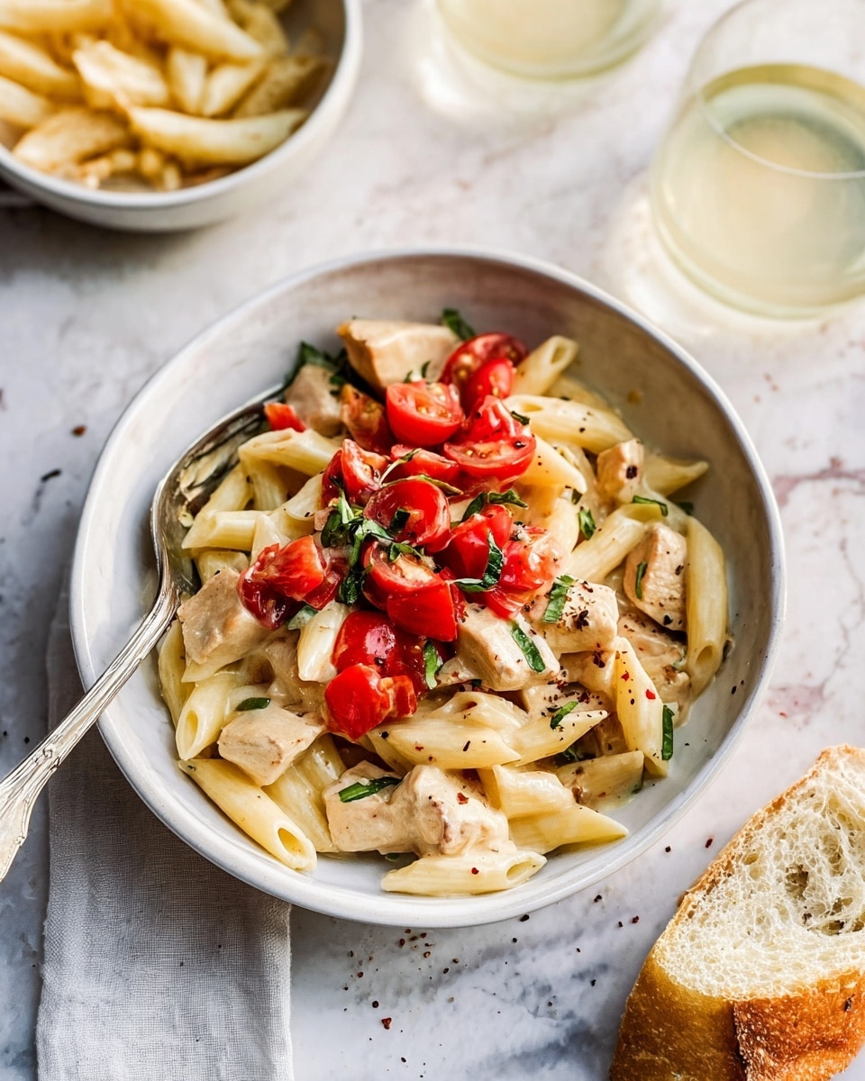 A white bowl filled with creamy pasta layers, starting with a base of pale yellow penne pasta mixed with tender chunks of light beige meat, topped with bright red chopped cherry tomatoes and fresh green herbs, sprinkled with small black pepper flakes. A silver fork rests inside the bowl on the left side. In the background, there is another white bowl with light-colored chips and a glass with a pale yellow drink, all placed on a white marbled surface. A piece of crusty bread with a golden brown crust and soft interior lies on the bottom right corner. Photo taken with an iphone --ar 4:5 --v 7
