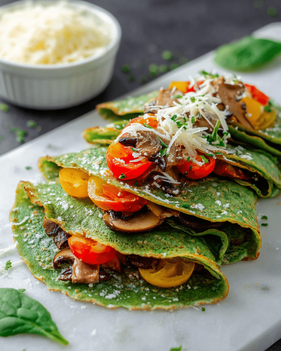 The dish shows three folded green crepes stacked on top of each other on a white marbled surface. The crepes have a smooth yet slightly textured surface with hints of golden brown on the edges. On top of the crepes, there are three layers of toppings: colorful slices of red and yellow bell peppers and cherry tomatoes, sautéed brown mushrooms, and fresh chopped green herbs. Scattered white shredded cheese is also lightly sprinkled over the crepes and toppings. In the background, a white bowl filled with shredded cheese is slightly blurred. photo taken with an iphone --ar 4:5 --v 7