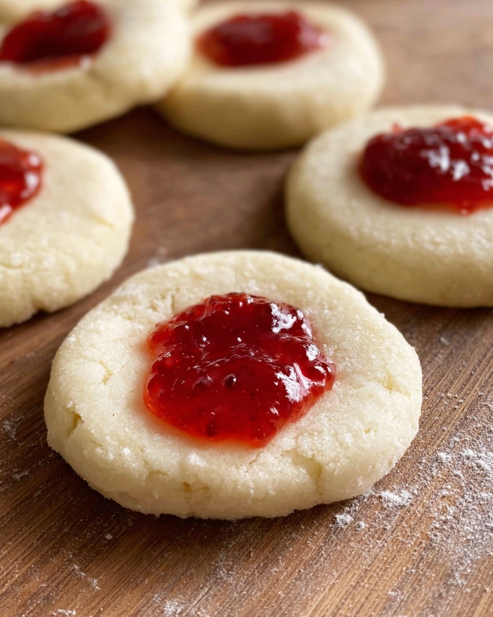 The image shows several round dough discs with a pale cream color and slightly rough texture, laid flat on a wooden surface. Each disc has a small dollop of bright red, glossy jam placed in the center, slightly spreading outward onto the dough. The dough circles look soft and thick, about a quarter-inch high, and the jam adds a shiny, smooth contrast to the matte dough. The discs are closely placed but not touching, highlighting their uniform shape and the vibrant red of the jam. photo taken with an iphone --ar 4:5 --v 7