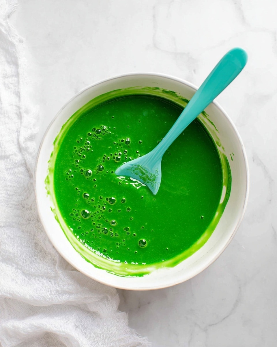 A white bowl filled with a thick, shiny bright green mixture that has small bubbles and a smooth texture. The green mixture covers the bottom and sides of the bowl unevenly. Inside the bowl is a turquoise spoon with a glossy finish, resting on the green mixture, showing a bit of the tool's tip covered in the mixture. The bowl is placed on a white marbled surface with a soft white cloth partially visible on the left side. Photo taken with an iphone --ar 4:5 --v 7