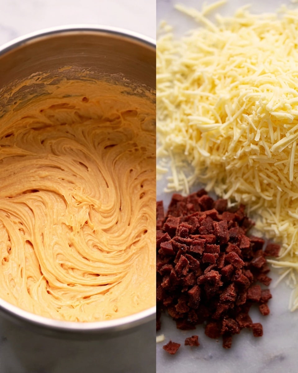 The left side of the image shows a smooth orange mixture with small bits spread evenly, sitting in a shiny metal bowl. The texture looks creamy and swirled gently with a spoon, showing soft peaks and ridges. On the right side, there is a close view of two piles on a white marbled surface: one pile of small dark red-brown diced pieces on the left, and a larger pile of fine shredded pale yellow cheese on the right. The background and surface remain the same clean white marbled texture, creating contrast with the ingredients photo taken with an iphone --ar 4:5 --v 7