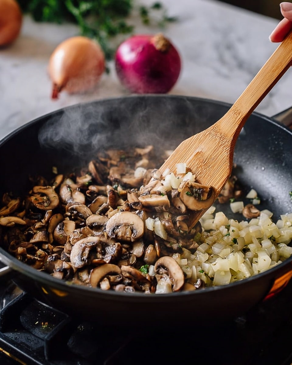 In a large black pan on a stove, there are two main layers of food: dark brown sautéed mushroom slices covering most of the pan and light yellow diced onions on one side. A woman's hand holds a wooden spatula, lifting and mixing some onions and mushrooms with a shiny, smooth texture. Steam rises softly from the pan, showing the food is hot. The background is blurred with a white marbled surface and a red onion and some green herbs in soft focus. Photo taken with an iphone --ar 4:5 --v 7