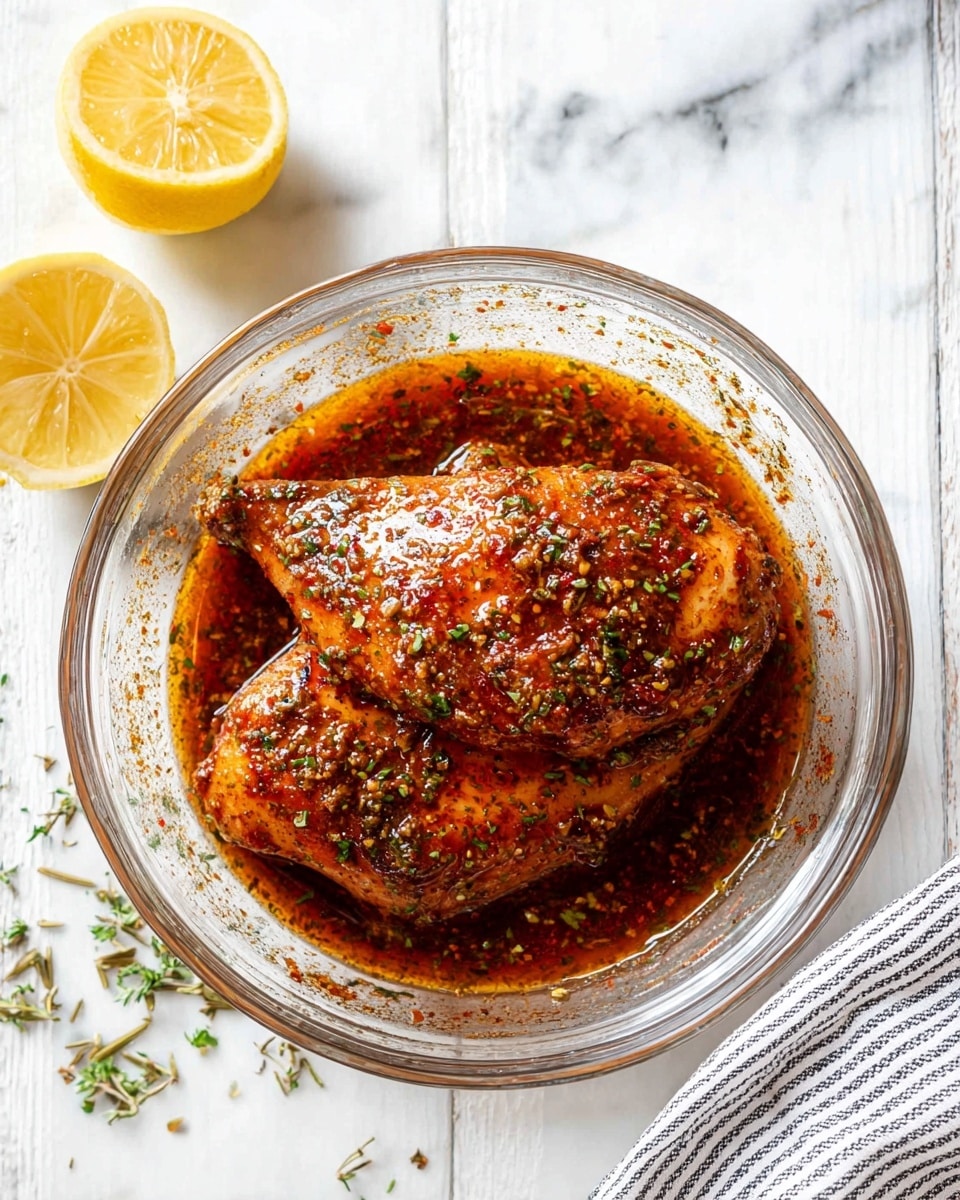 A clear glass bowl sits on a white marbled surface, holding two large chicken pieces covered in a dark reddish-brown marinade filled with herbs and spices. The marinade coats the chicken evenly, showing a glossy texture with flecks of herbs scattered throughout. To the left of the bowl, there are two yellow lemon halves placed on the white marbled surface. Small bits of green herbs are also scattered around the bowl, adding a fresh touch. A woman's hand with a striped cloth is partially visible at the bottom right corner. photo taken with an iphone --ar 4:5 --v 7