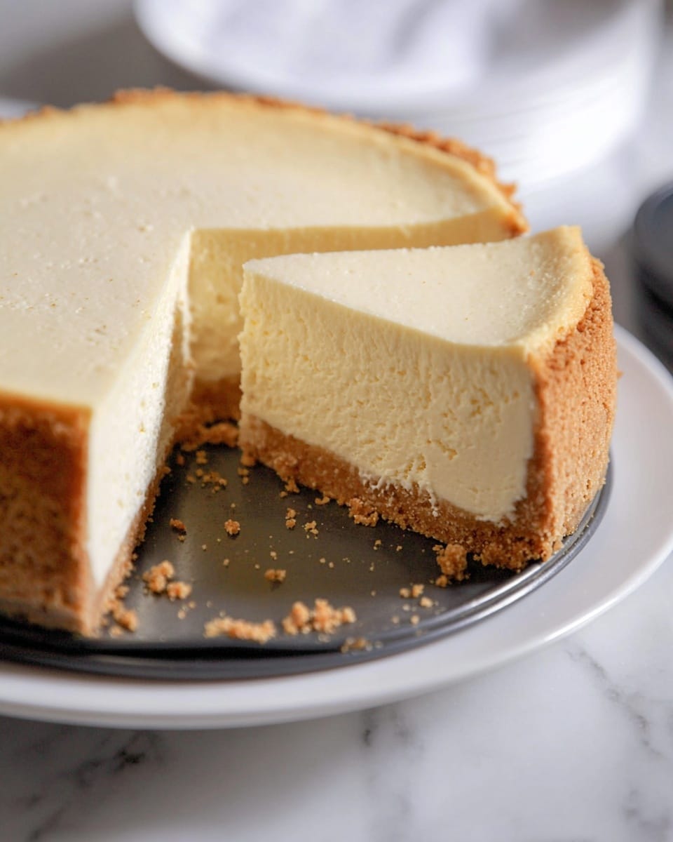 A cheesecake with two layers is shown, resting on a white plate over a white marbled surface. The bottom layer is a firm, light brown crust with a crumbly texture. The top layer is thick and creamy, pale yellow in color, with a smooth surface. One slice has been removed, revealing the filling’s soft texture and the even thickness of both layers. The cake is in a dark springform pan base, with crumbs scattered around the cut section. Photo taken with an iphone --ar 4:5 --v 7