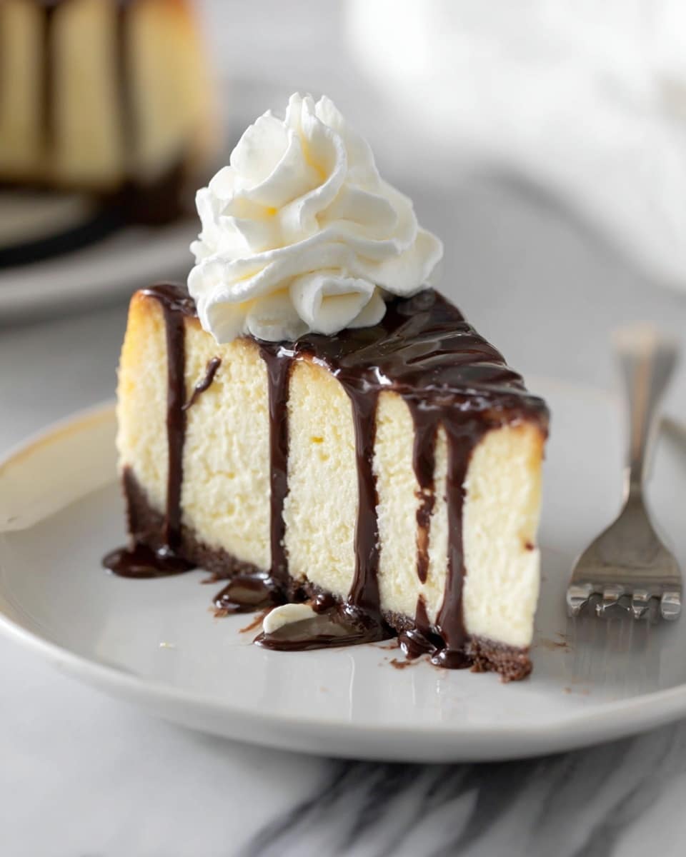 A slice of cheesecake sits on a white plate with a shiny dark chocolate glaze on top. The cheesecake has three thick, creamy, pale yellow layers separated by thin lines of chocolate sauce dripping down the sides. A swirl of white whipped cream sits on the very top center of the cake. The plate rests on a white marbled surface, and a fork lies beside the cake with a small bite of cheesecake on it. Photo taken with an iphone --ar 4:5 --v 7