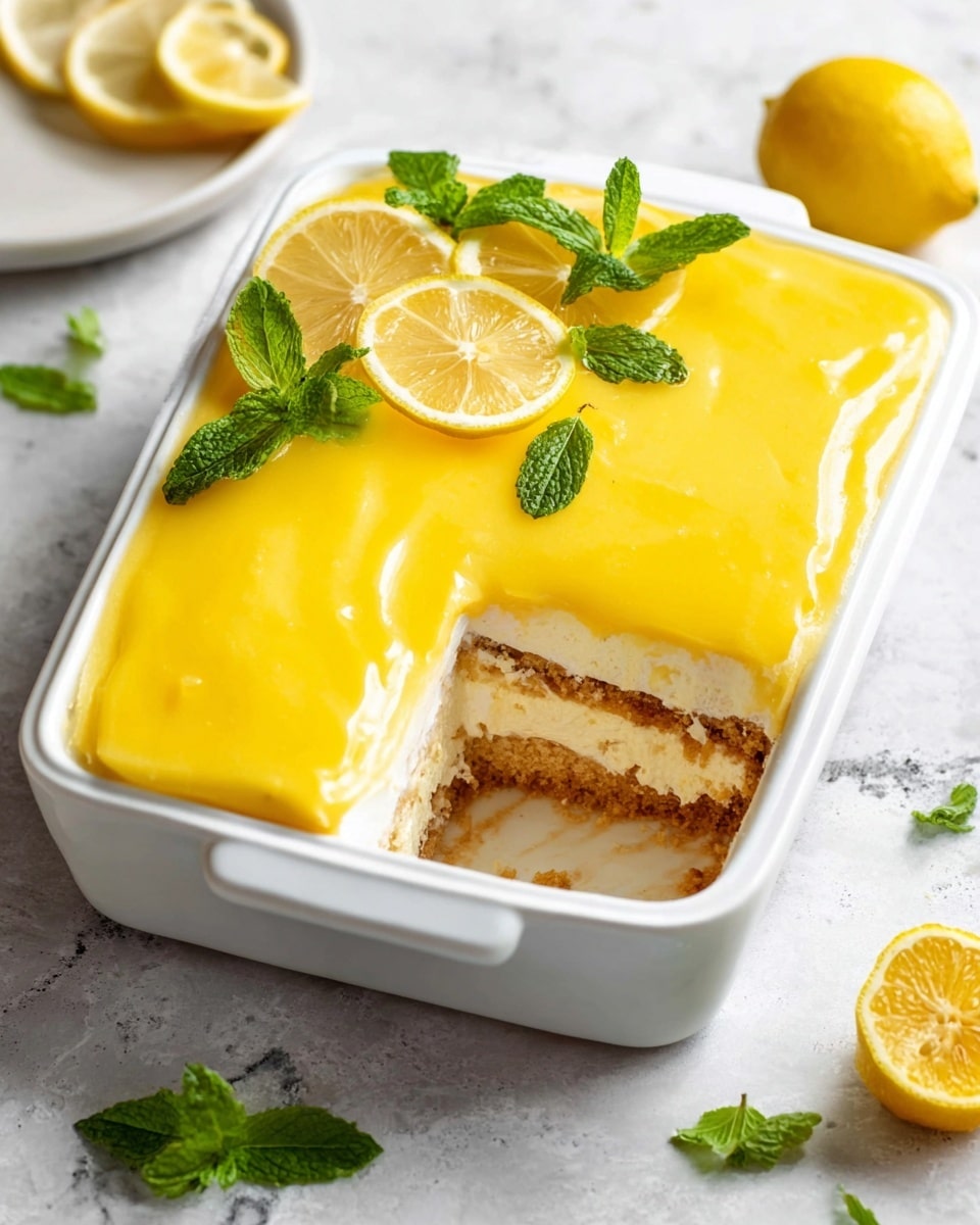 A white rectangular dish holds a layered lemon dessert showing three clear layers: the bottom layer is light brown soaked cake, the middle is creamy off-white filling, and the top is a smooth bright yellow lemon glaze. The top is decorated with fresh green mint leaves and thin lemon slices on one corner. A piece is missing from the front, revealing the inside layers. The dish sits on a white marbled surface with lemon wedges and mint leaves around it. Photo taken with an iphone --ar 4:5 --v 7