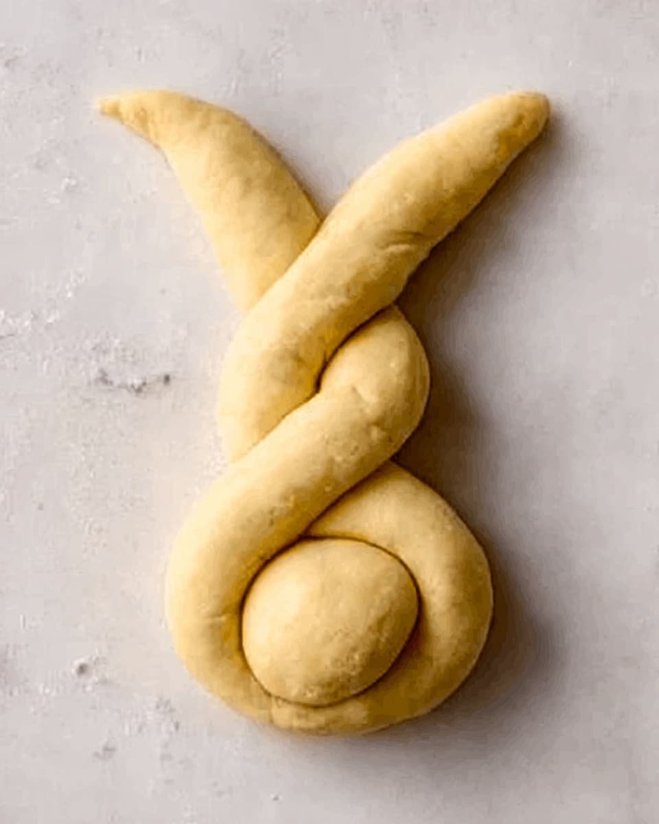 The image shows a piece of unbaked dough shaped like a bunny. The dough forms two long ears at the top, twisted together in the middle to create a simple braid effect. Below the ears, there is a round ball of dough placed at the bottom center, representing the bunny's tail. The dough has a smooth, pale yellow color with a soft texture. The background is a white marbled surface. photo taken with an iphone --ar 4:5 --v 7