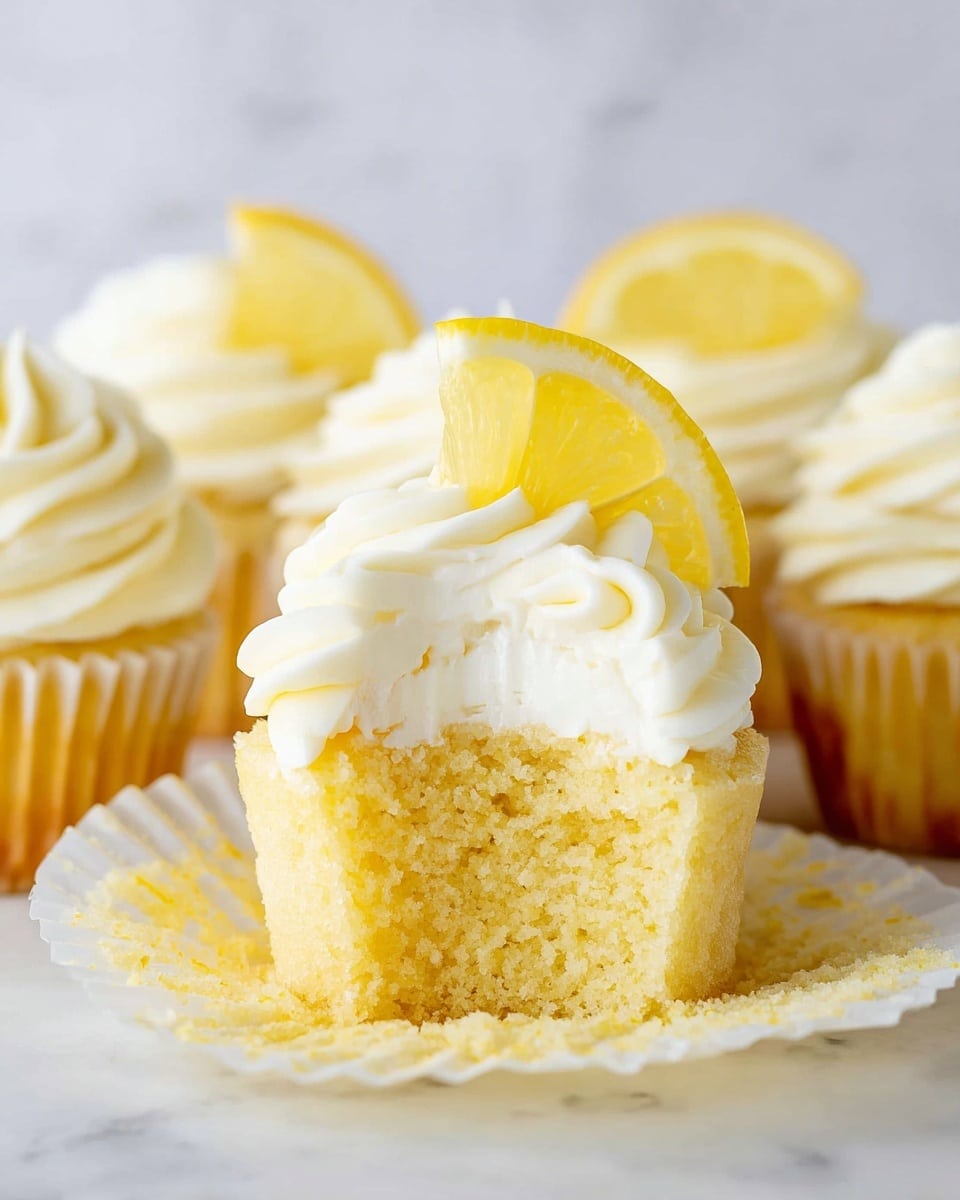 The image shows a group of yellow cupcakes with a light and fluffy texture, each with a thick layer of white creamy frosting swirled on top. One cupcake in the front has its white wrapper peeled down, revealing the soft crumb inside, and is topped with a thin, bright yellow lemon slice that adds a fresh touch. The cupcakes are placed closely together on a white marbled surface, and the background is clean and soft, highlighting the desserts' creamy and crumbly textures. photo taken with an iphone --ar 4:5 --v 7