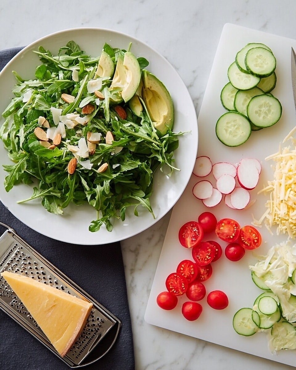 A white plate holds a salad mostly made of green leafy arugula arranged in a loose pile. On top of the greens, there are light green avocado slices spread unevenly, and small tan almond slices scattered across. The salad looks fresh with different textures from the leaves and nuts. Next to it, on a white marbled surface, a white cutting board shows several neatly arranged ingredients: thin round slices of light green cucumber in a small stack on the top right; shredded pale yellow cheese in a small pile next to the cucumbers; bright red cherry tomato halves scattered below the cucumbers; round white radish slices near the tomatoes; thinly sliced light green avocado pieces below the radishes; and a block of yellow cheese with a grater placed on the bottom left of the board. photo taken with an iphone --ar 4:5 --v 7