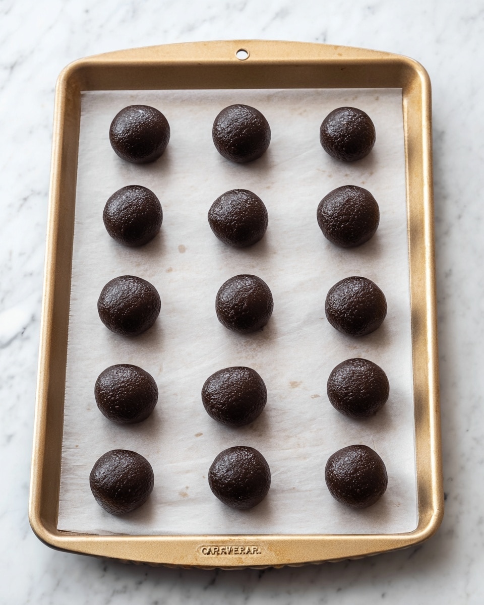 A light tan baking tray filled with a sheet of white parchment paper holds six rows of small, round dark brown dough balls. The dough balls are evenly spaced and have a smooth, slightly shiny texture. The tray sits on a white marbled surface, enhancing the contrast between the dark dough and the light background. photo taken with an iphone --ar 4:5 --v 7