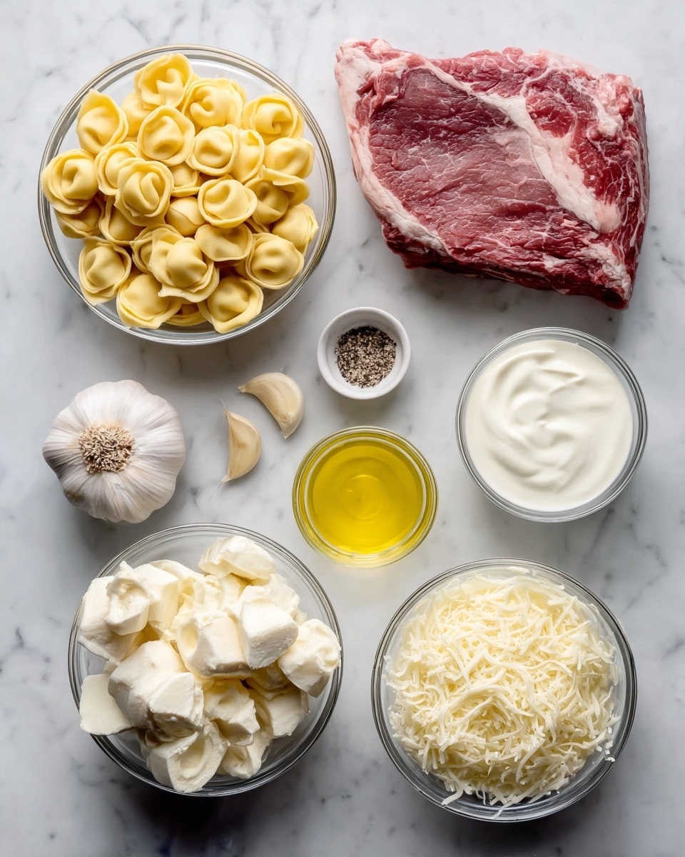 The image shows several ingredients arranged neatly on a white marbled surface. At the top left is a white glass bowl filled with small round yellow tortellini pasta. To its right, there is a thick raw piece of red meat with white fat marbling on a white marbled surface. Below the pasta, there is a small white glass bowl with yellow oil. Near the center, there's a larger white glass bowl with white cream. To the right of the cream, another small white glass bowl filled with shredded white cheese is placed. Below the cheese, a white glass bowl holds tortellini mixed with white chunks of soft cheese. On the bottom left, a whole white garlic bulb is shown with two smaller garlic pieces next to it, along with a small white glass bowl with black pepper near the garlic. Photo taken with an iphone --ar 4:5 --v 7