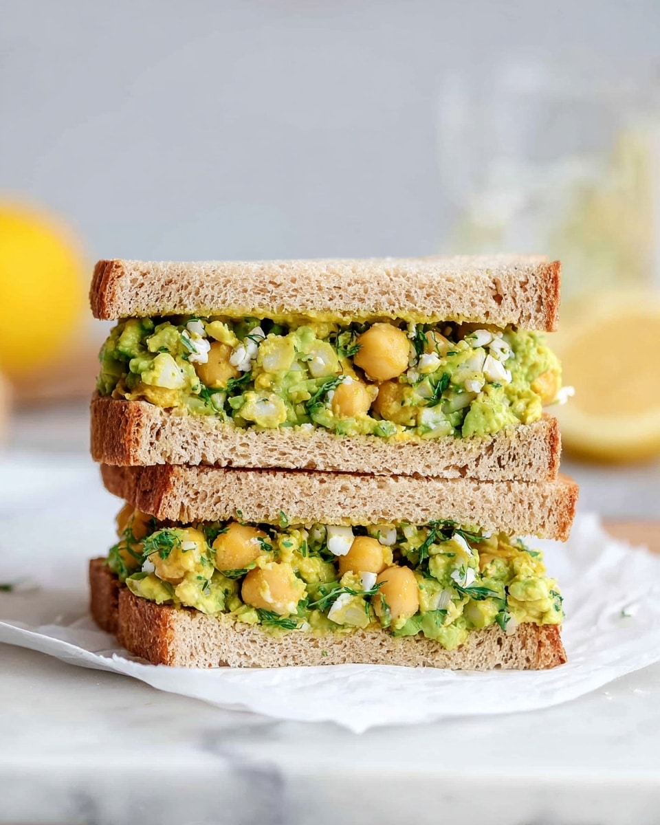 The image shows a sandwich cut in half and stacked, with two thick slices of light brown bread enclosing a chunky green and yellow filling. The filling looks like mashed avocado mixed with chickpeas and small white pieces, possibly cheese, with some green herbs throughout. The sandwich sits on a piece of white parchment paper placed on a white marbled surface. In the background, there is a blurred yellow lemon and a glass that suggest a fresh and simple setting. photo taken with an iphone --ar 4:5 --v 7