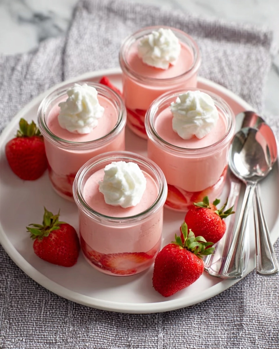 Four clear glass jars filled with a pink creamy dessert sit on a round white plate. Each jar has a layer of thinly sliced strawberries lining the inside, visible beneath the smooth pink mousse-like top layer. A dollop of white whipped cream decorates the center of each jar's surface. Around the plate, several whole bright red strawberries with green tops add fresh color. Two silver spoons rest on the right side of the white plate. The plate is placed on a light gray textured cloth that covers a white marbled surface photo taken with an iphone --ar 4:5 --v 7