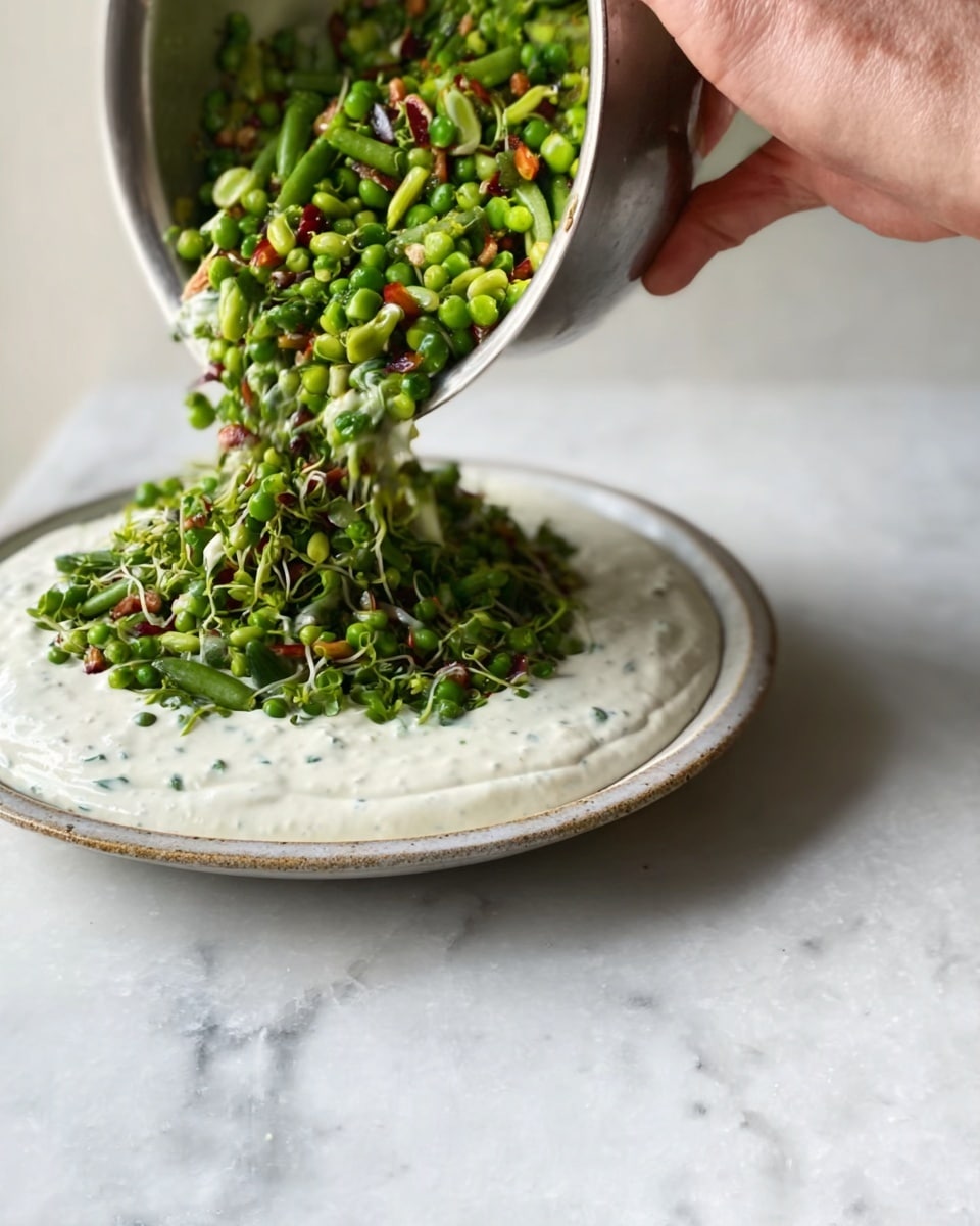 The image shows green vegetables and sprouts being poured from a stainless steel bowl onto a round white plate that has a thick, creamy white sauce spread evenly on its surface. The green mixture includes small green peas, leafy greens, and other small green and red bits, adding some color contrast. The woman’s hand is holding the bowl as the vegetables flow down, creating a fresh, vibrant layer on top of the white sauce. The background and surface are a white marbled texture. Photo taken with an iphone --ar 4:5 --v 7