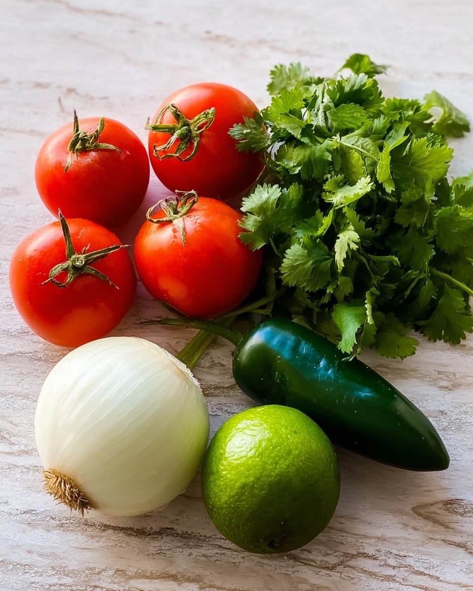 The image shows fresh vegetables arranged on a white marbled surface. There are five bright red tomatoes with green stems on the left side, next to a half white onion with smooth, pale layers visible. To the right of the onion, there is a bunch of green cilantro with leafy textures, a shiny, dark green jalapeño pepper, and a glossy lime with a slightly rough surface. All items are placed close together with natural lighting that highlights their colors and textures photo taken with an iphone --ar 4:5 --v 7