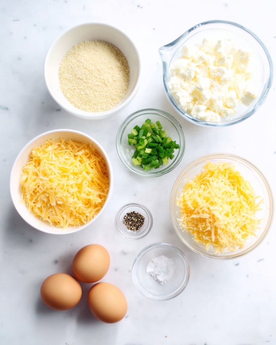 The image shows six bowls and four brown eggs on a white marbled surface. The top left white bowl holds beige breadcrumbs, while the top right clear measuring cup contains white crumbled cheese. Below the cup is a white bowl with shredded yellow cheese. Between the eggs and cheese bowl are two small clear bowls, one with chopped green onions and the other with white salt and black pepper. The eggs are placed in a loose row near the bottom left side. The setup is bright and clean, all items spaced apart well. Photo taken with an iphone --ar 4:5 --v 7