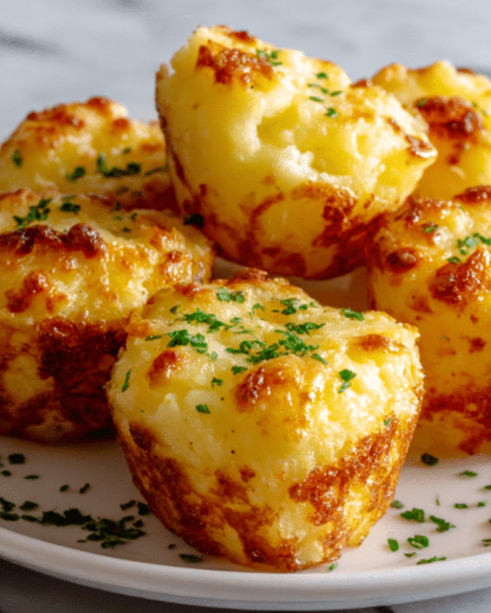 The image shows several golden brown potato bites on a white plate, each one having a crispy top layer with small browned spots and a soft, creamy mashed potato layer underneath. The potato bites are rounded and look fluffy inside with small bits of green herbs sprinkled on top as a garnish. The plate is placed on a white marbled surface. photo taken with an iphone --ar 4:5 --v 7