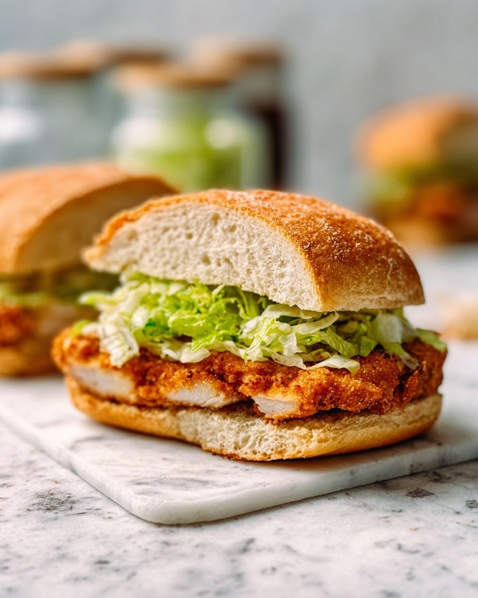 The image shows a sandwich on a white bread roll placed on a white marbled surface. The sandwich has three main layers: the bottom layer is a thick, golden-brown fried piece of chicken with a crunchy texture, in the middle there is a layer of bright green shredded lettuce, and the top layer is the soft, light golden-brown bread roll with a slightly crusty texture. The sandwich looks fresh and crisp with a close-up view showing the detailed texture of the fried chicken and bread crumb. In the background, there is a blurred second sandwich and some small jar containers adding depth. Photo taken with an iphone --ar 4:5 --v 7