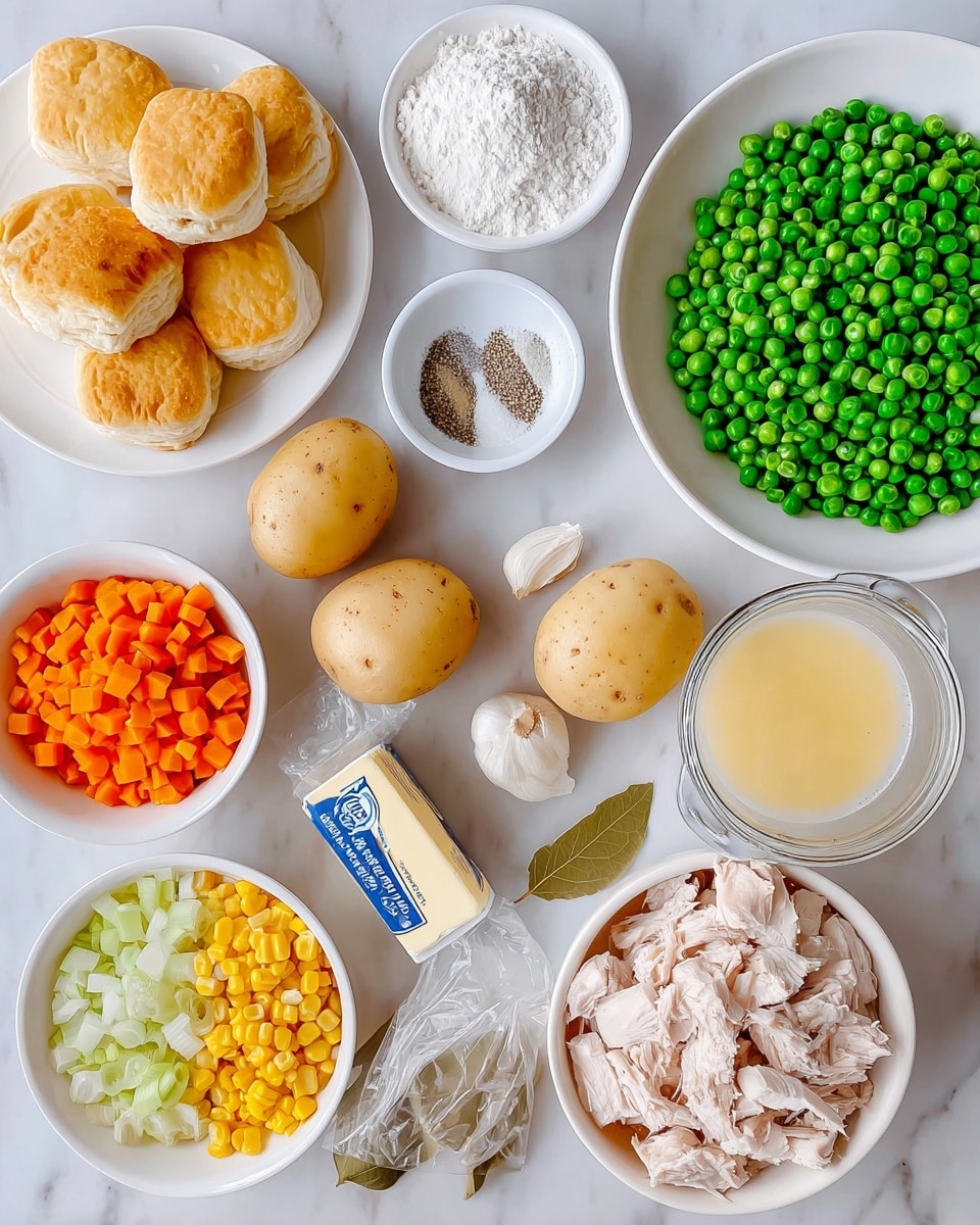 A top view of several white plates and small white bowls arranged on a white marbled surface, each holding different ingredients: one plate contains three golden-brown biscuits, another holds chopped cooked chicken pieces, another has mixed frozen green peas and yellow corn, and a larger plate shows diced orange carrots, chopped green celery, and white onions. Three whole light brown potatoes sit scattered among the plates. Small white bowls contain flour, a mix of salt and black pepper, and dried herbs. A glass jar holds golden broth, a stick of butter with blue text is nearby, and a small glass container is filled with cream, with two garlic bulbs placed next to it photo taken with an iphone --ar 4:5 --v 7