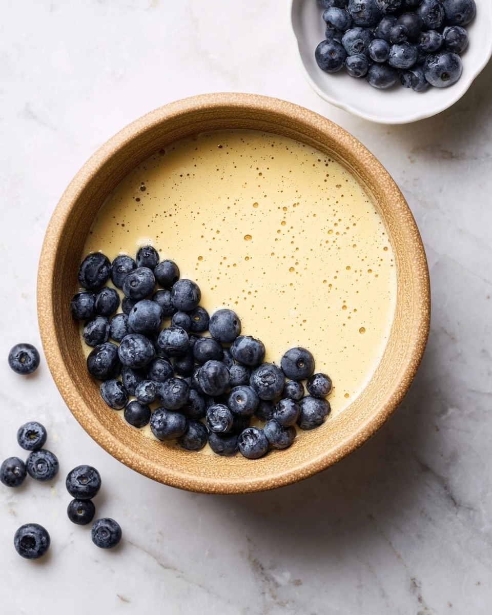 A textured light brown bowl sits on a white marbled surface, filled halfway with pale yellow batter showing tiny bubbles throughout. On one side of the batter are fresh, round blueberries clustered together in a rich dark blue color. Nearby, a small white dish also holds blueberries, with a few scattered fruits on the marbled surface around the bowl. photo taken with an iphone --ar 4:5 --v 7