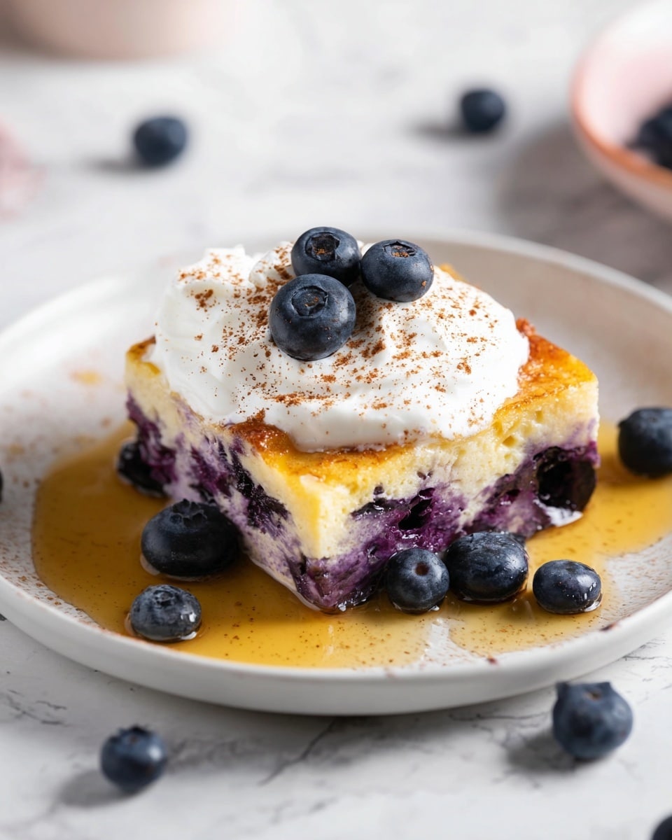 A single square piece of blueberry dessert on a white plate. The dessert has two main layers: a bottom purple layer filled with blueberries and a top golden-yellow baked layer with a creamy texture. On top of the dessert, there is a dollop of white cream sprinkled lightly with cinnamon powder, and three fresh dark blue blueberries sit on the cream. Around the dessert on the plate, fresh blueberries are scattered, and a pool of golden syrup spreads under and around the dessert. The background is a white marbled surface with soft lighting highlighting the textures. Photo taken with an iphone --ar 4:5 --v 7