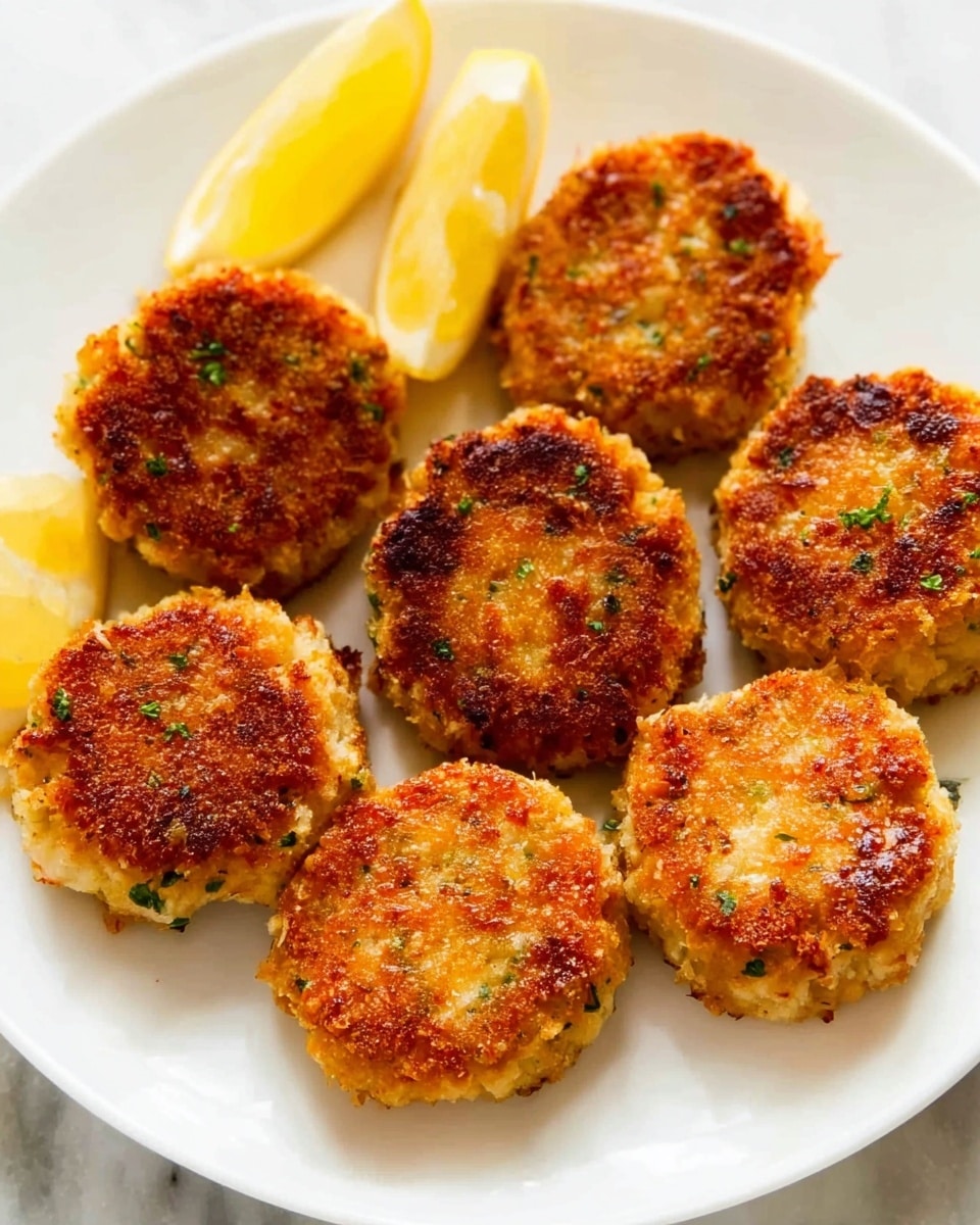 The image shows seven golden brown crab cakes arranged in a circle on a white plate. Each crab cake has a crispy, textured outer layer with a slightly uneven surface, showing hints of small herbs or seasoning. At the upper left edge of the plate, two lemon wedges add a bright yellow contrast. The plate is set on a white marbled surface. The lighting highlights the crunchy texture and warm colors of the crab cakes, making them look fresh and appetizing. Photo taken with an iphone --ar 4:5 --v 7