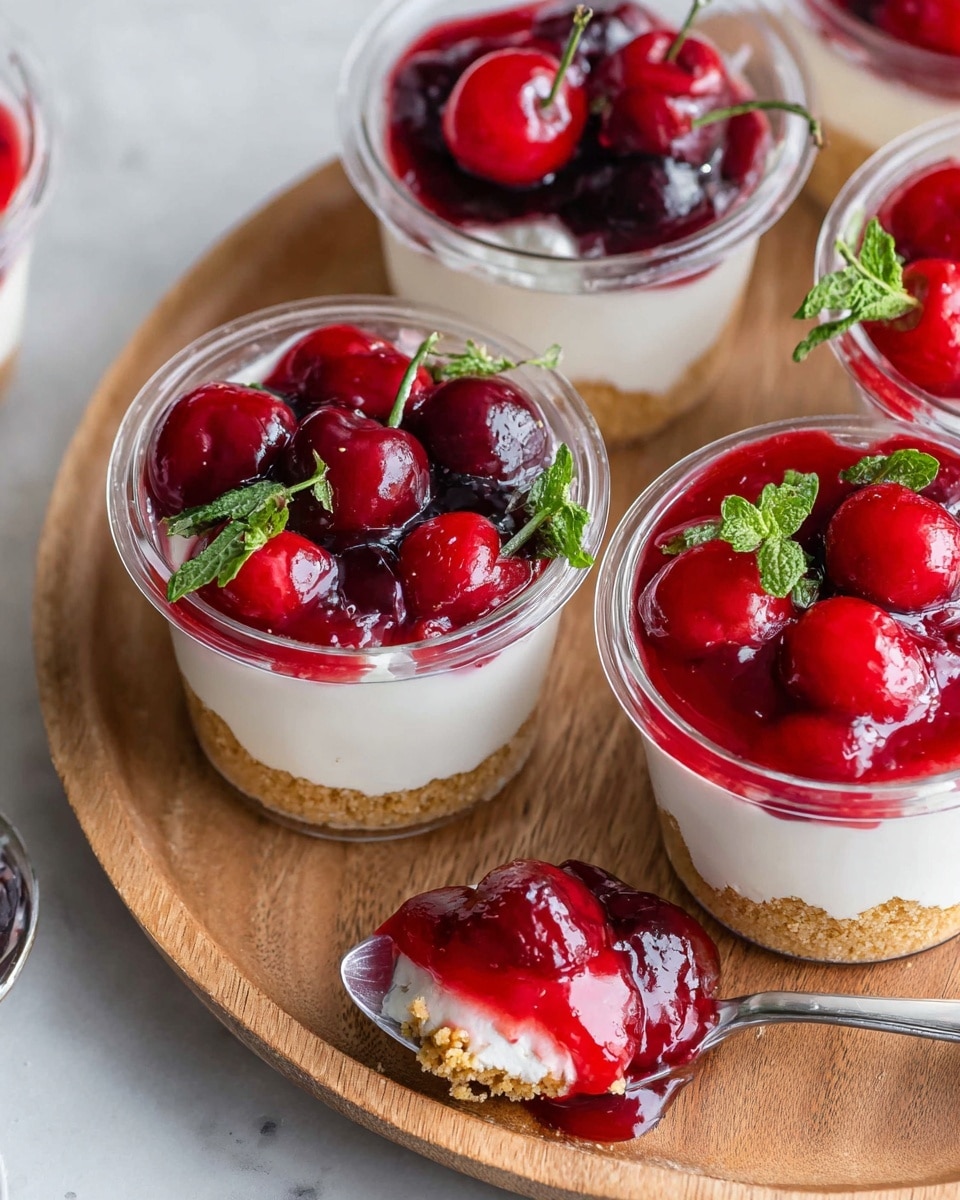The image shows several small clear cups with three visible layers of dessert, placed on a round wooden tray over a white marbled surface. The bottom layer is a light brown crumbly texture, the middle layer is thick white cream, and the top layer is a glossy bright red cherry topping with whole cherries, decorated with small fresh green mint leaves. One cup has a portion missing to reveal the layers, and a spoon with the same layers and some cherry topping is placed nearby. Photo taken with an iphone --ar 4:5 --v 7