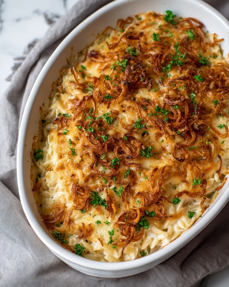 The dish is served in a white ceramic oval baking dish full of three visible layers. The bottom layer is creamy orzo pasta with a pale beige color, covered by a thick, melted cheese layer that is light yellow and slightly bubbly. The top layer has golden brown crispy fried onions scattered evenly, adding texture and color contrast, with bits of fresh green parsley sprinkled around to add small touches of bright green. The white ceramic dish is placed on a soft, light gray cloth, and the background is a white marbled surface. The image shows a close-up view focused on the food's texture and layers, with soft natural lighting highlighting the golden colors and melting cheese. photo taken with an iphone --ar 4:5 --v 7