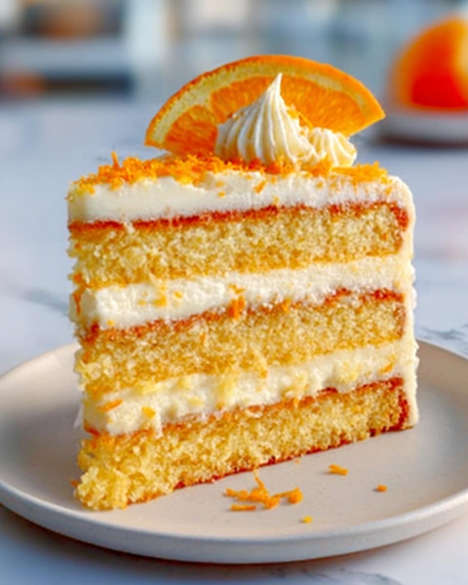 The image shows a slice of layered orange cake with three thick layers of moist yellow sponge and two thick layers of white creamy frosting in between. The top of the cake has a smooth layer of white frosting covered with orange zest and a small dollop of cream holding a thin orange slice. The cake slice is placed on a simple white plate, sitting on a white marbled surface with a blurred background. Photo taken with an iphone --ar 4:5 --v 7