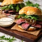 Grilled Steak Sandwiches with Caramelized Onions and Garlic Aioli Recipe